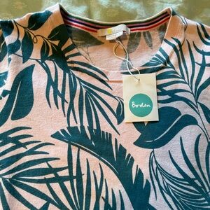 Gorgeous Boden cotton sweater. Pink and green palms and leaves. Large.Brand new.